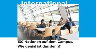 Bochum Student Services, Students of various nationalities sitting in the student cafeteria. Printed at the top of the picture is the word “International”. “150 nations on campus. Isn’t that awesome!?” is written underneath the picture.