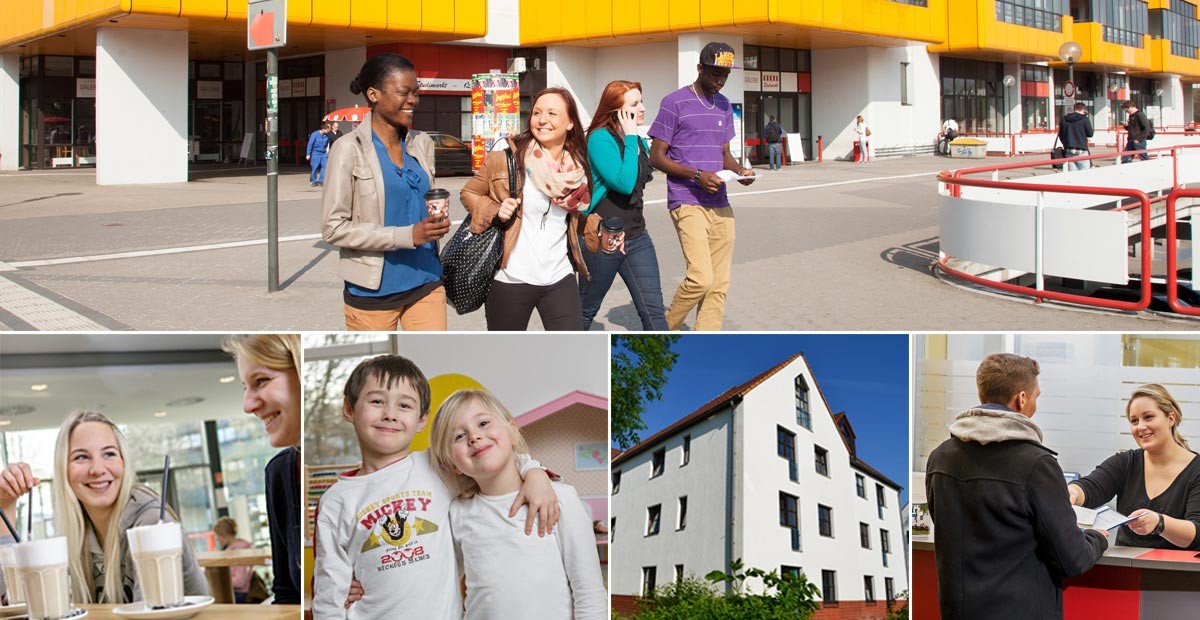 Dortmund Student Services, The collage shows pictures of the university and a group of students, of students drinking coffee, of children at play, of a residence hall, of a girl at a bakery counter