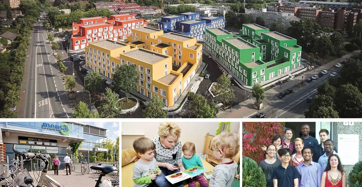 Münster Student Services, Photographs of a residence hall, the student cafeteria, a kindergarten teacher reading to children from a book, a group of students